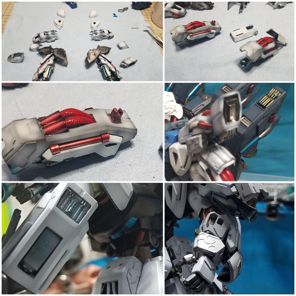 腕部の状態です
肩には、同キットの腕部カバーを追加して、スラスターとしました
側面のスラスターは、余剰パーツシナンジュのバックパックカバーを加工してとりつけです
ここも今まで通り、肉抜きとメカ基盤埋め込みと、パイプ挿入です
肩上部は隙間をもうけたので
パイプが入りやすくなりました