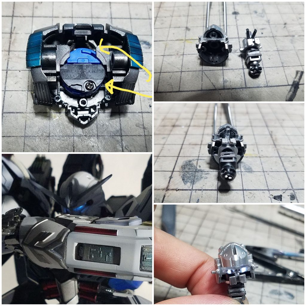 モノアイはLED仕様で無いため、胴体のコックピットをぬいて、市販のキット(青)をつかいました
首にはハァイバー線を通し加工をしました。ツインアイモードになり、今までの顔が光るのでなく、目が光ることができました