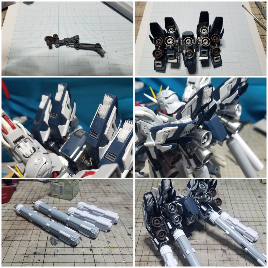 バックパックです
ここでも
ディテールアップとパイプ処理をおこないました
スラスターカバーに椎茸を製作。
1つで表面と裏面、両方から見えるようにつくりました
側面にパイプとチューブを通して
下側と一体感をだしました
2機追加したブースター用のアームは
コトブキヤからでているアームを追加して使用しました
動かしたいところが弱いので
木ネジで強化してます!
E-PACは
タンク先端にメカを埋め込みました
側面にディテールの為
半丸の丸棒をとりつけ
上から丸パイプを半分にして、かぶしてあります
塗装の時は分離できるので
マスキングは不要でした