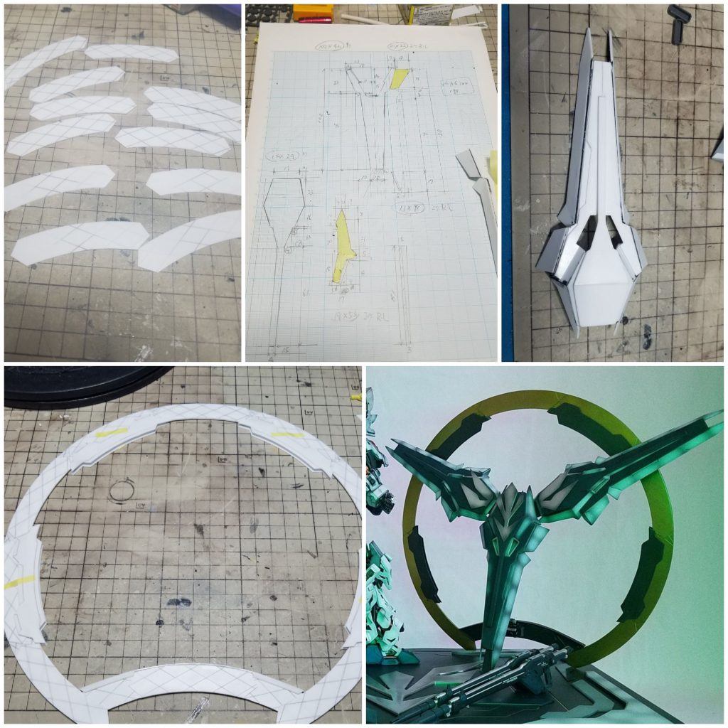 エフェクトですが
シールドは、1枚不足なので、
プラバンでフルスクラッチです
図面を、おこしそのようにプラバンカットです
裏面を
スタンドと連結できるようにしてあります
3枚くっ付けるとジオンのマークが出来るようにしました
サイコシャードは、
プラバンで製作しました
円弧のパーツを複数つくり、輪を形成させ
内部フレームをつくり、塗装しました