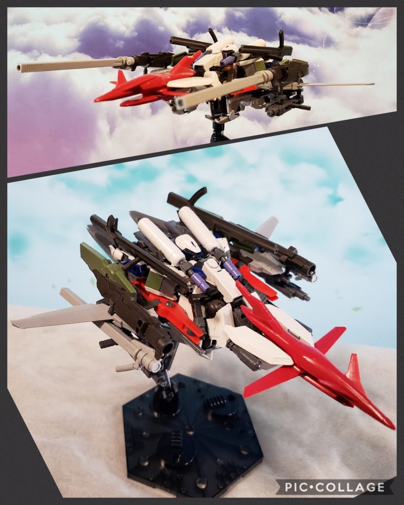 どれだけ武装を一度に付けられるか試してみた写真です。前方から爆弾、槍×2、レールガン×2、マシンガン×2、ロングライフル×2、ナイフ、増槽を4つを装備してます
バックパックの換装を忘れてますが、この状態からバックパックも換装できます。この状態になると、後ろが重すぎて機首が上を向いてしまいます。スタンド必須です。