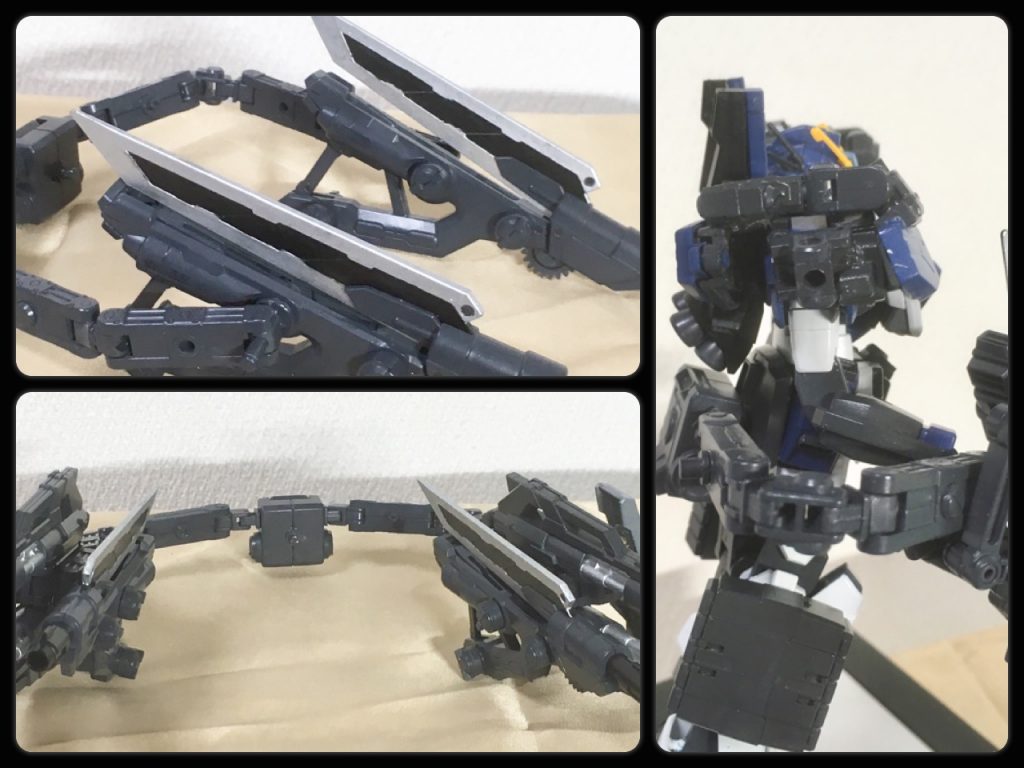 〈複合兵装ユニット〉ソードキャノン・ダブルビームガトリング・シールドを懸架する複合兵装ユニットは手持ちだけでは腕部に負荷が掛かりまくりなので、補助フレームとサブジェネレーターを腰部に接続。増加した重量対策にスラスターも付いてます。複合兵装ユニットは3ミリ穴が使える部品なら何でも挿せるので、色々な装備を組み合わせられます。