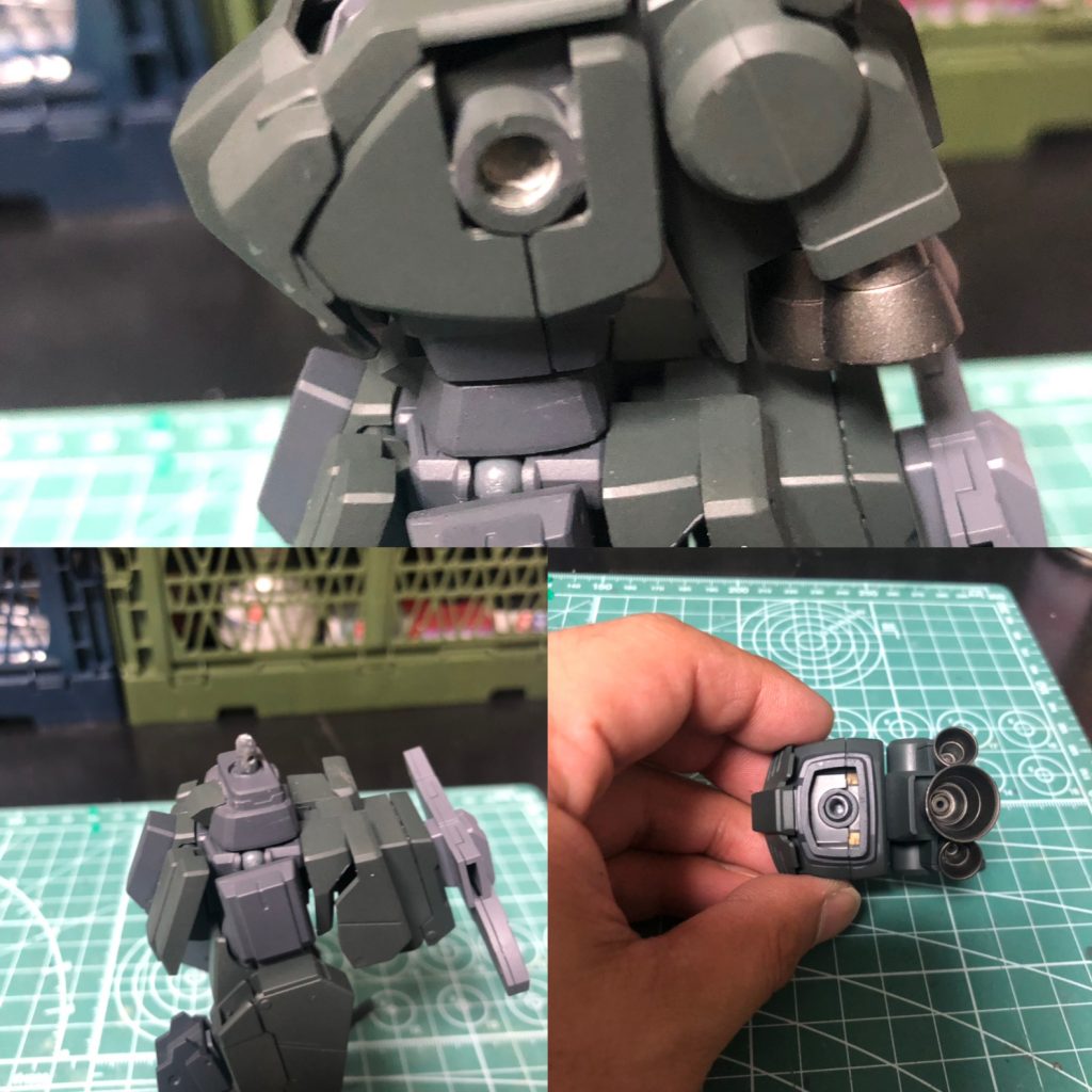 製作。
肩と腰の接続を変更しただけです。
肩、市販のボールジョイントに受け側だけ変更。サイズがピッタリ合わなくてゆるゆるになってたので少し詰め物して調整。
腰、ケルディム側ボールジョイントが小さかったので、ジェガン側に丸いポリキャップ入れてケルディム側ボールジョイントが刺さるようにカット。
これしかしてない。あとナイフのホルダーを接着しただけ。