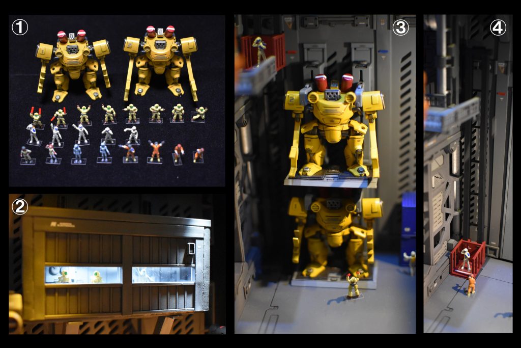 ハンガー紹介~その1~
①整備員やパイロット、作業用ドラケンEが付属。
②管制塔内に整備員の配置が可能。
③磁石によりドラケンEキャリアは立体配置することも。
④リフトは手動で昇降できます。