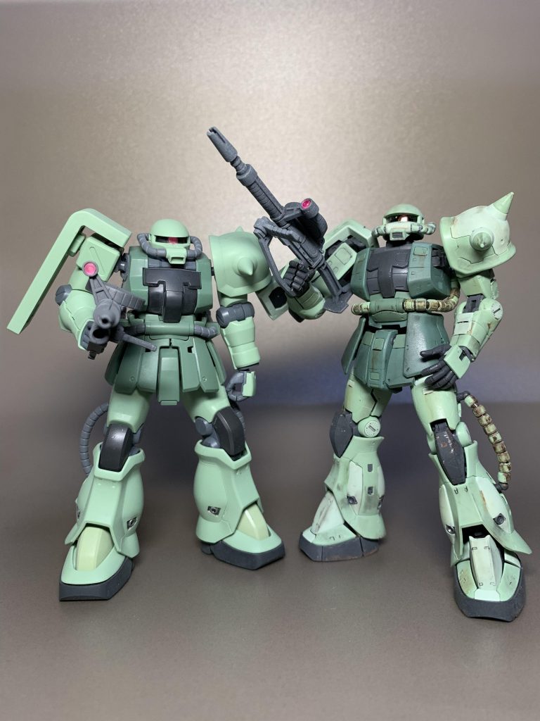 以前作成したRGザクと共演(zion_emb)以上で、ザクF2ストライカーカスタム機/ザクⅡ F2型の紹介を終わります。最後までご覧いただきありがとうございました!(laugh)