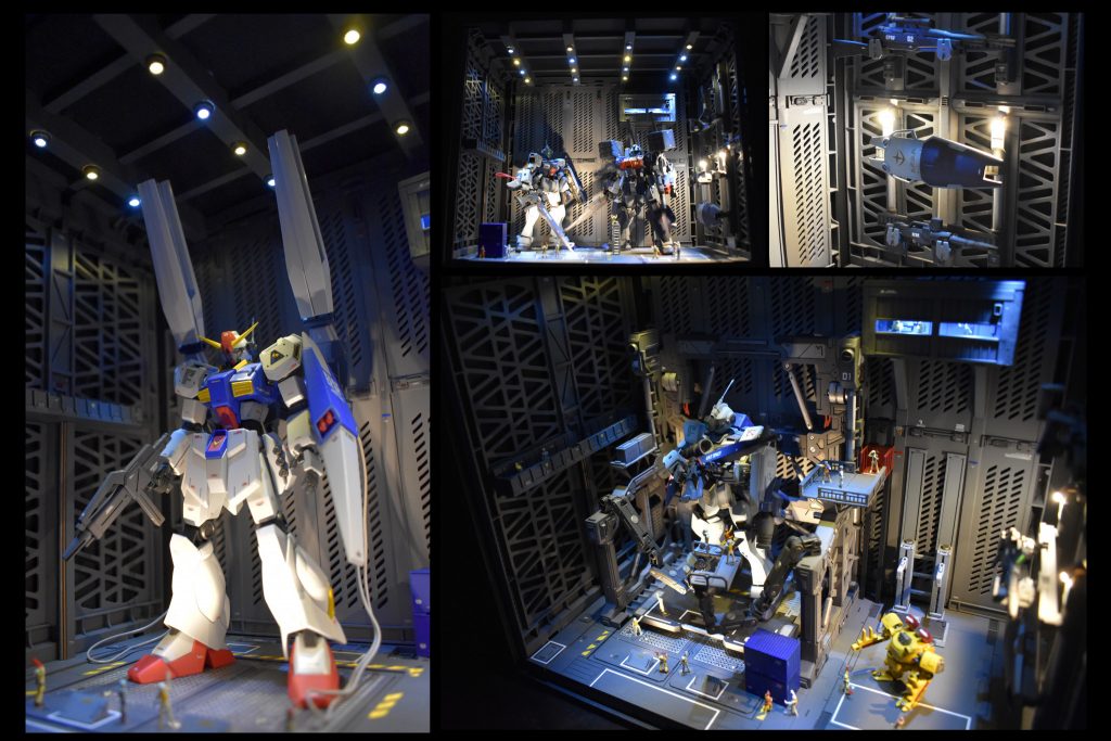 ハンガー内のレイアウト変更もお手軽に!
クレーンを外すと高さのあるガンプラでも飾ることができます。また、他のアイテムを全て外すことで広くスペースを確保することも可能。これぞ大人のシルバニアファミリー!