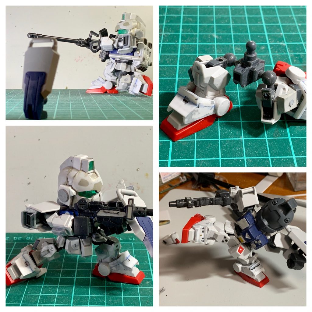 ●腰パーツのフロントアーマー、サイドアーマーは切り離して真鍮線を軸に可動化。●上半身はCSフレーム胴体にシルエットブースターの肘可動SD腕を使用●腰フレームの関節をイエサブの球体関節に置換、さらに脚フレームの裏から球体関節の軸を差し込めるようにして、90度限定ながら膝曲げも可能に。これらの改修で、SDフレーム体型ながら様々なアクションポーズを可能にし、本来CSフレームと専用腰フレームパーツが必要な膝立ち輝き撃ちまでできるようにしました!むしろ本家よりも自然では??これがEXAM-SYSTEMの正体だ!