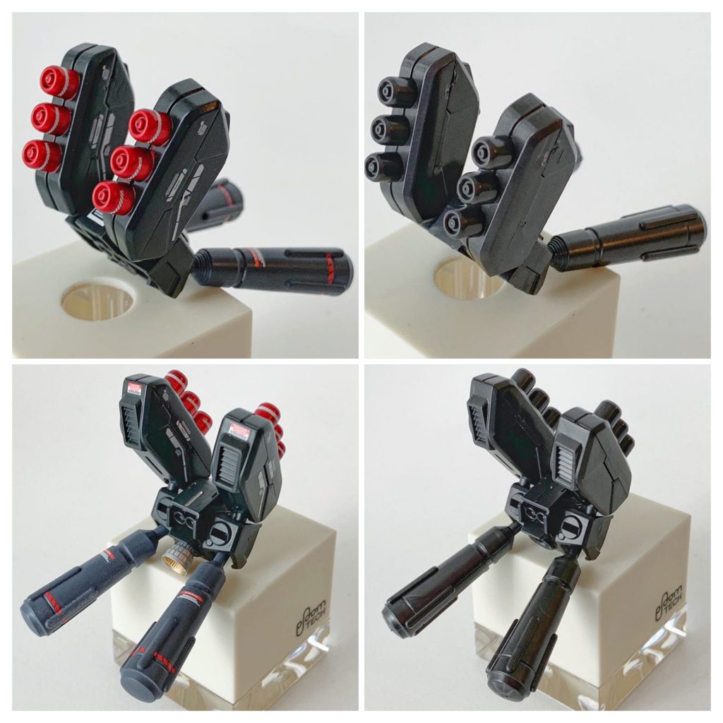 ファンネルコンテナ、バックパック、プロペラントタンクのBefore & Afetr。機体本体の鏡面仕上げとの対比で、半光沢仕上げにしています。