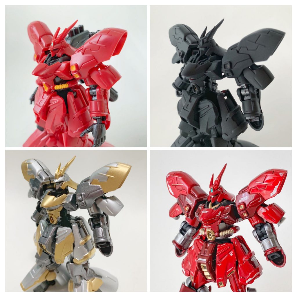 初めてのキャンディ塗装・鏡面仕上げに挑戦。おおまかな流れは、①Mr.フィニッシングサーフェイサー1500 ブラック②タミヤカラー スプレーカラー TS-30 シルバーリーフ③GSIクレオス Mr.カラースプレー S9 ゴールド(明るい赤部分、各部スラスター、パイプ等)④タミヤカラー スプレーカラー TS-42 ライトガンメタル(暗い赤部分)⑤タミヤカラー スプレーカラー TS-74 クリヤーレッド 2層塗り重ね⑥デカール貼り、スミ入れ、部分塗装⑦Mr.スーパークリアー 溶剤系スプレー 光沢の順に塗装してから、⑧タミヤ メイクアップ材シリーズ タミヤ コンパウンド(粗目→細目→仕上げ目)⑨ハセガワ セラミックコンパウンド(TT-25)⑩タミヤ メイクアップ材シリーズ モデリングワックスで鏡面仕上げしています。なお、アーマー内側が見えるところとフレームは黒サフ仕上げにしています。