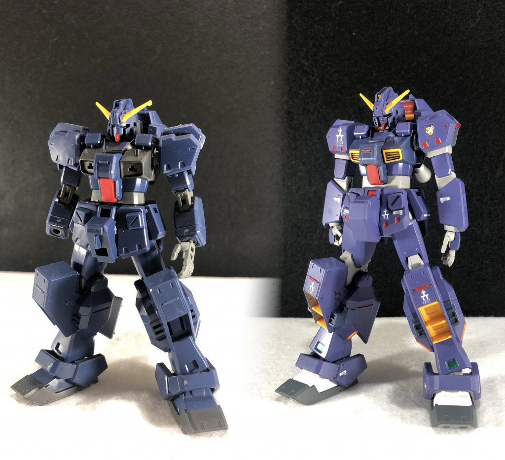 素組みと比較です、股間から膝までリバイブマークⅡを移植、首パーツもリバイブマークⅡから肩アーマーは3パーツ構成に変更し厚み増しとエッジだし、腕はまるまるジムカスタムです。