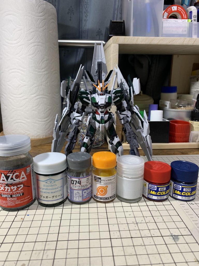 塗料はこんな感じです!!
メインの白はガイアノーツEx-ホワイトにグレーとネイビーを少し混ぜてます。