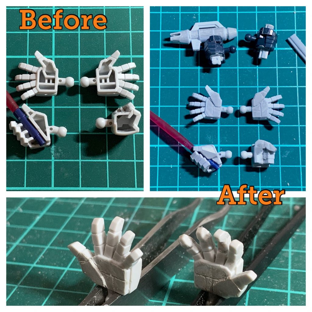 シルエットブースターの各種ハンドパーツを使っています。そのままだと肉抜き穴とがだいぶアレなので、パテ等で改修しています。特にサーベル握り手と右平手は一度指を切り離して角度を調整して付け直ししてます。写真を撮り忘れましたが、両手のシールド接続用3mm軸は切り落とし、代わりにネオジム磁石で接続するようにしています。塗装関係