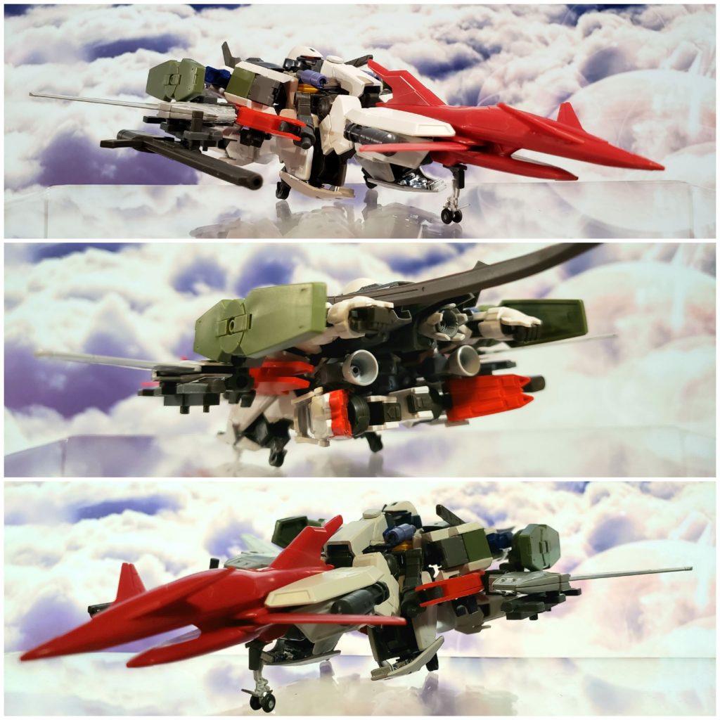 ぐるりと撮って。各所にロック機構を設けていますので、飛行形態はかっちりと保持できます。
ランディングギアが前輪のみ差し替え表現となってしまいました(改善予定)。
後輪は展開時は膝外装パーツを前後逆にして車輪部を引き出す方式となっています。