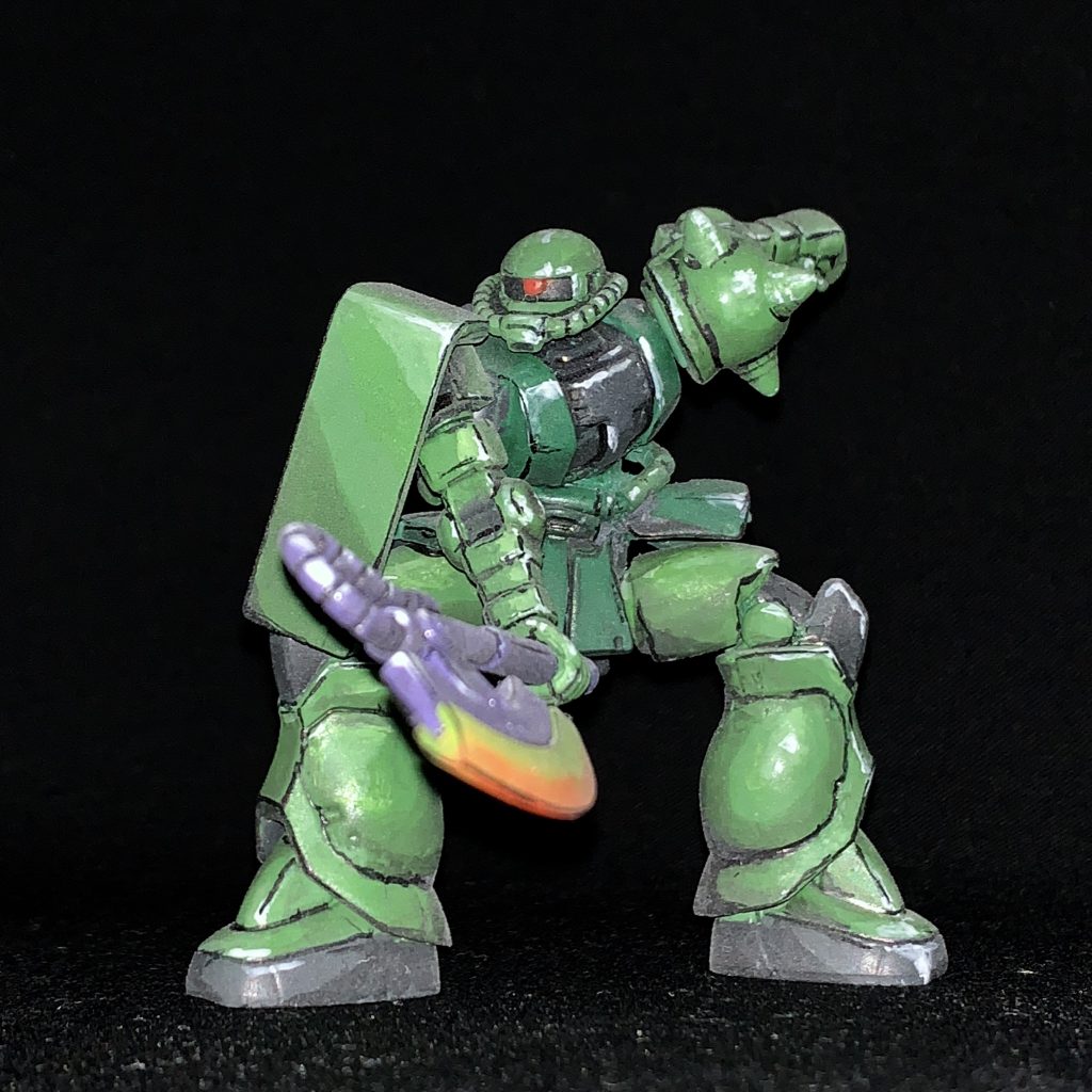 アオリで。関節はほぼ固定してあります。左腕はもっと脇を開いた方が良かったな。
背中側は影の書き込みが盛大に失敗したので、写真は割愛させていただきます😑