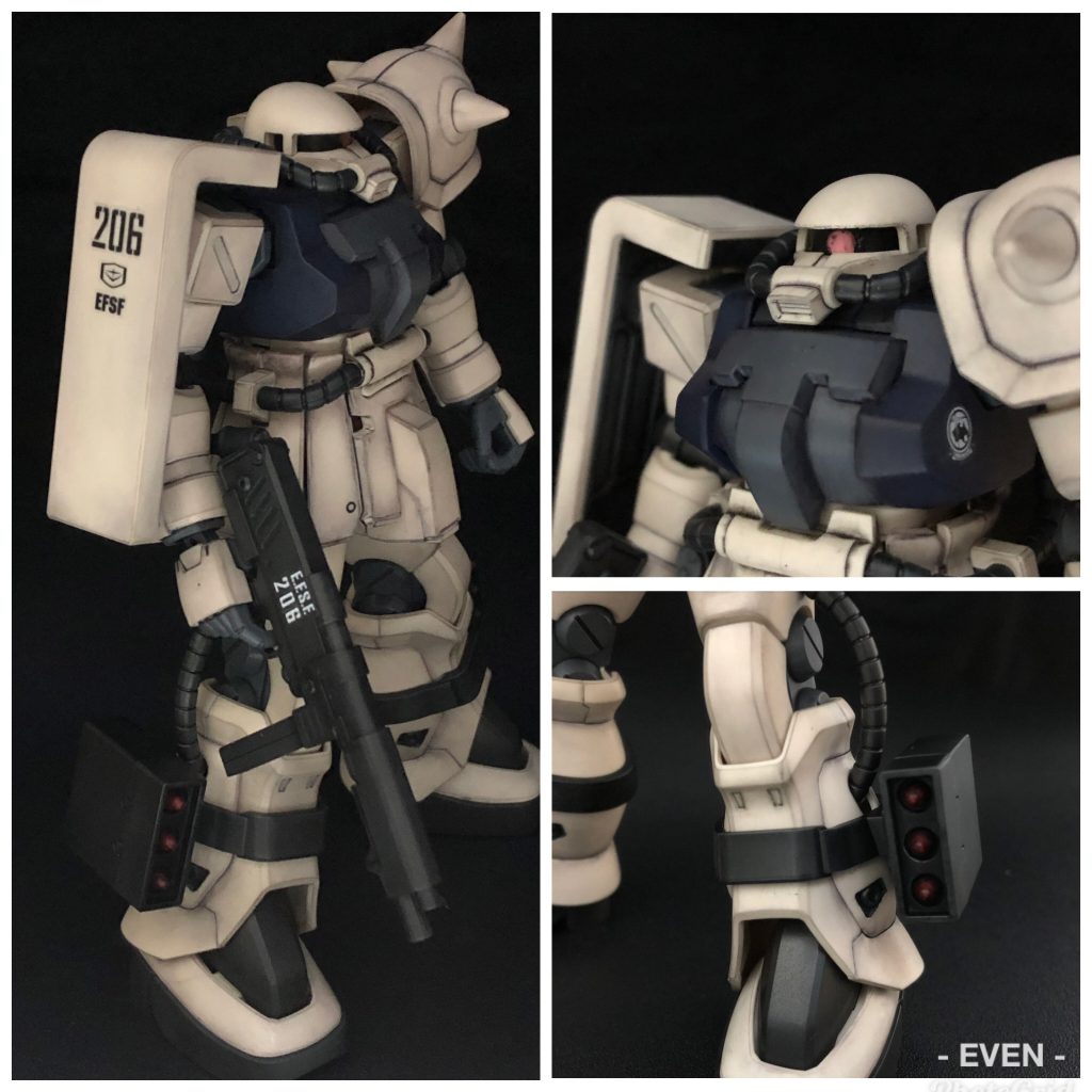 サイド他。肩のシールドもいい感じにできました。リアルタッチマーカーは手こずりましたが可能性を感じる。モノアイは穴を掘って市販のクリアパーツをはめました。このサイズでモノアイ動かせるのはすごい。脚部のミサイルポッドも良いですね。塗り分け苦労しましたが。