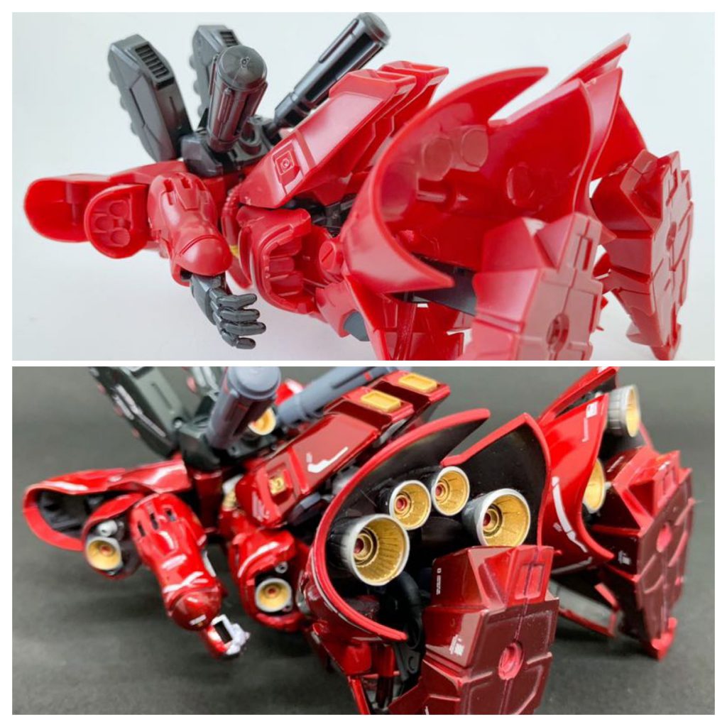 一部改修と塗装で素体の食玩っぽさを消しつつ、画像で見る限りではHGやMGくらいのスケールと錯覚させるような仕上がりにできたかなと自己満足しています。最後までご覧いただき、ありがとうございました。