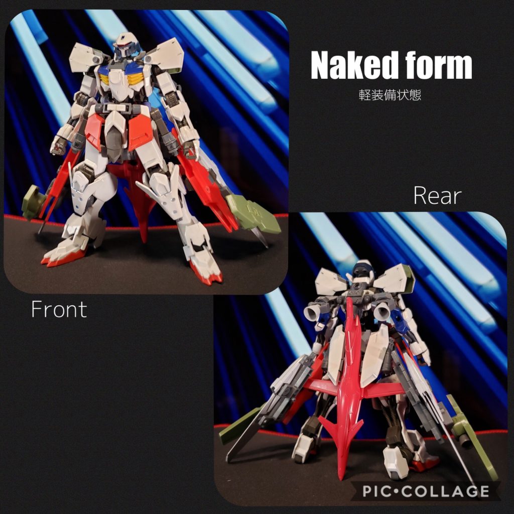 素立ちです。武装はほとんど取り外したネイキッド状態(ガンダムダンタリオンより)です。頭部は変形時露出した状態になってしまうため、ガンダムヘッドより厚みがなく目立ちにくいシュバルベグレイズヘッドを使用しました。頭部丸見え問題は現在改善策思案中です。
バックパックと、サイドスカートのウィングバインダーに3mm規格のH.P(ハードポイント)を搭載し、汎用型から遠距離支援型まで様々な武装の装備が可能になりました。