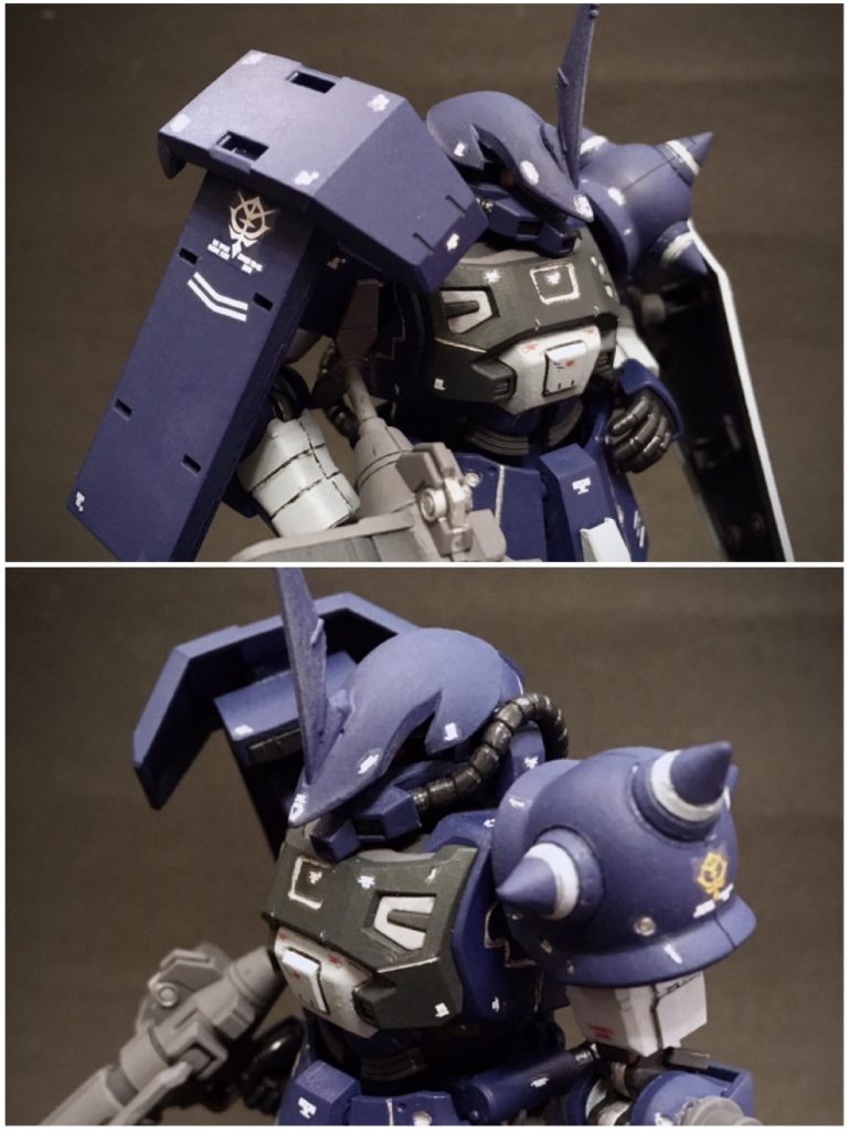 左肩ザクシールドには、レギンレイズの肩装甲を追加しています。また、全てのモールドを彫り直し、幅を広げたりした上でシルバーやブラックでスミ入れ。上からメインの外装色をマットで重ねました。