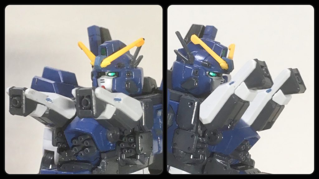 今回1番苦労した胸部ハッチ展開機構部分。ヘビーアームズだと横開きだけどレオダヴィは凸凹してる…。どうしたものかと半年以上寝かせてた所、プレバンのTR-6の強化パーツ接続時の腕を畳んでる画像を見てコレ使えるじゃんってことで縦開きにしました。そのままだとレオパルドなんで下向きに開くパーツも追加です。TR-6の腕だけあって可動域はそこそこあります。手首を挿す部分にはマシンキャノンノズルを仕込んで対地・対空用として使用。中央のハッチはロトのサイドアーマーとその基部をデコパーツでかまして接着してます。