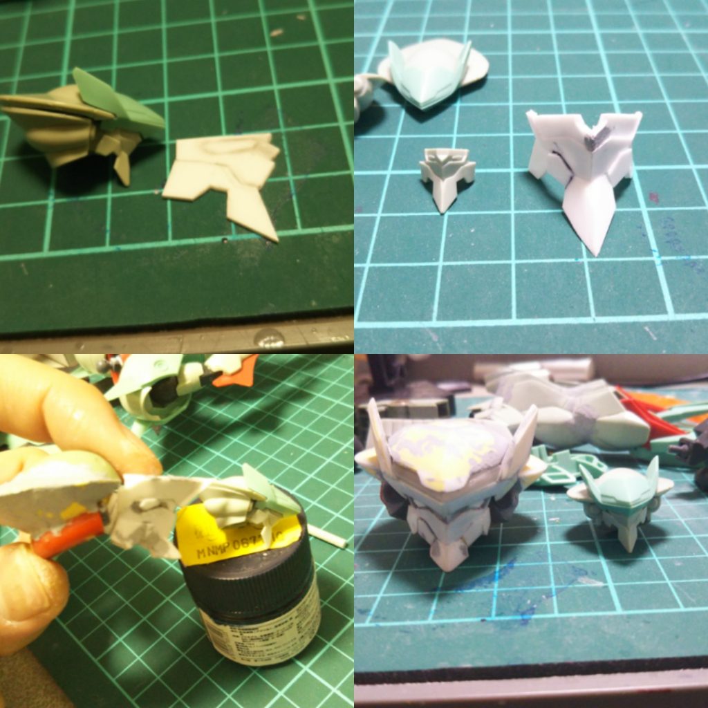 頭の製作過程
左上のを2枚切り出してそれを面毎に切り離して角度の調整して貼り合わせると右上の状態になります
登頂部のベースにMGのザクⅡ
うなじ辺りの赤いパーツは紅武者レッドウォーリアーの腕に付いてるタイヤを加工してます
ラインセンサーはクリアプラ棒から製作
形状が確定した状態が右下