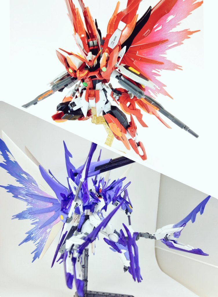 前作デスティニーガンダム焔との2ショット。
どちらの2ショットがいいか悩みましたし、Twitterでも聞きましたがどっちも載せることにしました!
ちなみに焔デスティニーがゼロ炎とのミキシングなのに対してグレイシャルデスティニーがトランジェントグレイシャーとのミキシングなのでよくよく考えるとビルドファイターズ炎になるという……笑