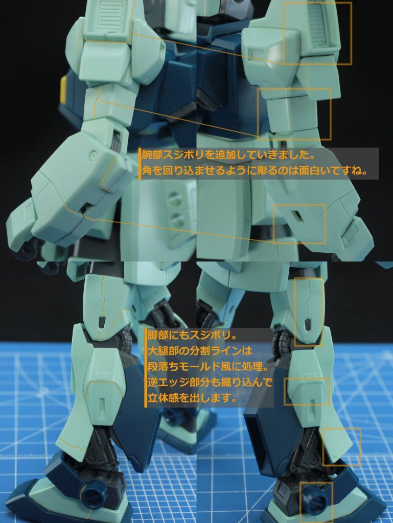 #スジボリ2
こちらも同じくエッチングガイドを使用して各部にコリコリスジボリを彫り込んでいきました。
長い直線部は短冊切りにしたステッカー用紙(透明)を使用しています。