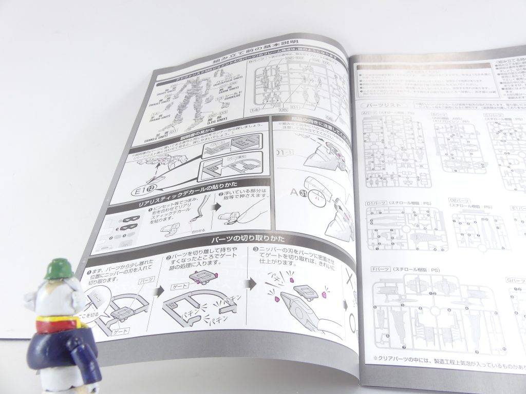 ロ「基本的には、「素組みでの」製作としては*「ニッパーで切って注意深く組み付ける」*で変わらない。
それのクオリティやパーツ数が段違いなだけである、もちろんAMSジョイントのフレームは注意深く扱おう。
また、一部のキットではアンダーゲートを採用している。
一度切った後、パーツ裏面についたゲートをもう一度切り取る必要があるが･･･通常のゲートよりも表面にゲート跡が出にくくなるのだ。

目はリアリスティックデカールで再現する事が多い（勿論塗装でも構わない）。
黒目部分と緑目部分が別々になった物、黒目と緑目が一体のものの２種が付属しており、キミのスキルによって使い分けできる。どちらにしてもカメラアイの発光状態を再現した緑の輝きが美しい。
なお今回の作品では「黒部分を塗装、緑目をデカール」で再現している」