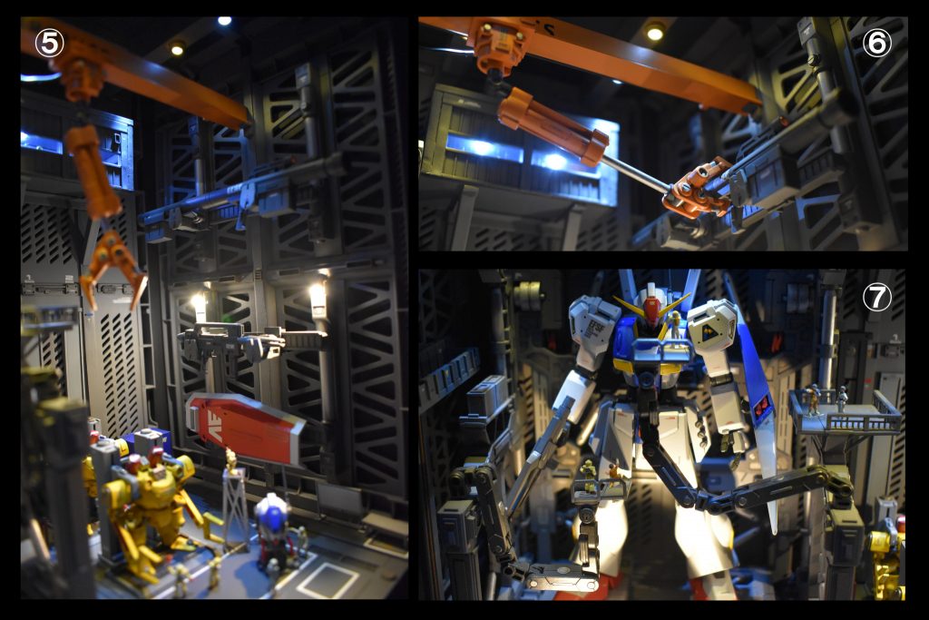 ハンガー紹介~その2~
⑤ウェポンラックに予備兵装をディスプレイ。
⑥クレーンアームの可動により武器の保持が可能。
⑦MSキャリアの作業リフトも可動できます。