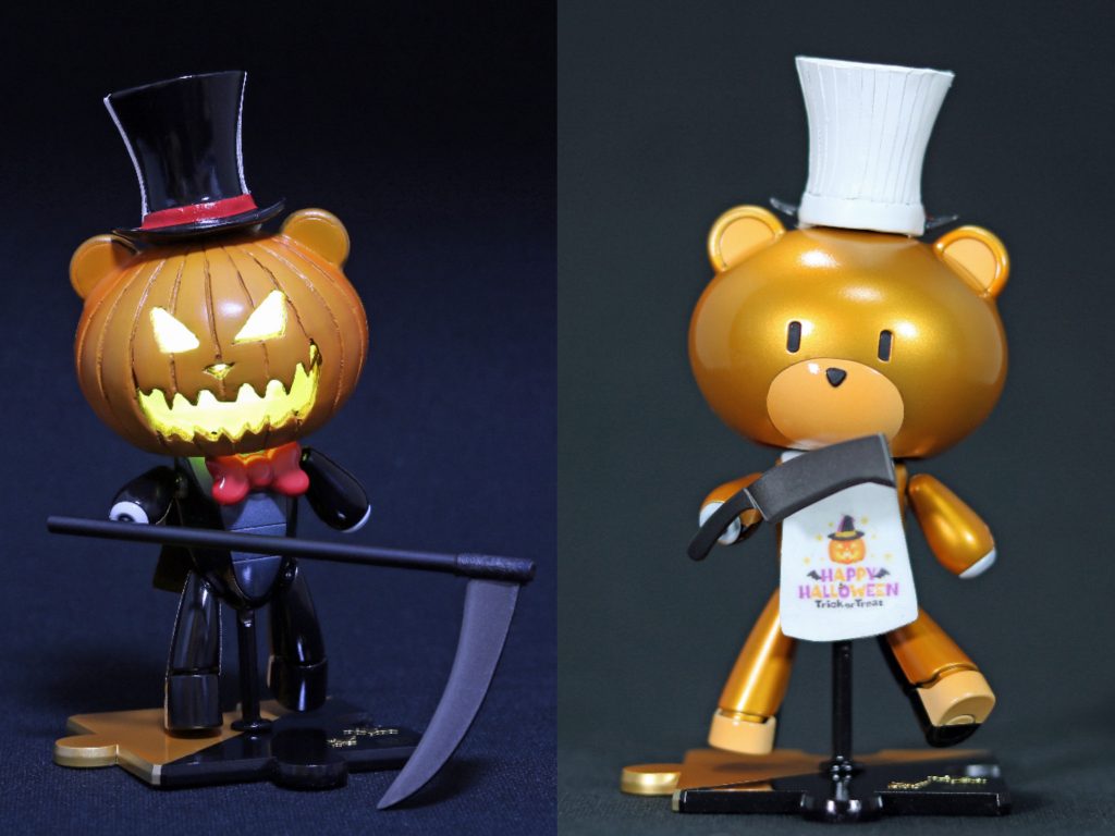 1体目。
プチッガイ・ジャック・オー・ランタンとプチッガイ・パティシエが表裏一体。
トップハット、ウィッチハットは3Dプリンタで造形したものを整形し、鎌、鉈、ホウキはプラ板とプラ棒の削り出し、泡立て器は針金を投げて製作しました。