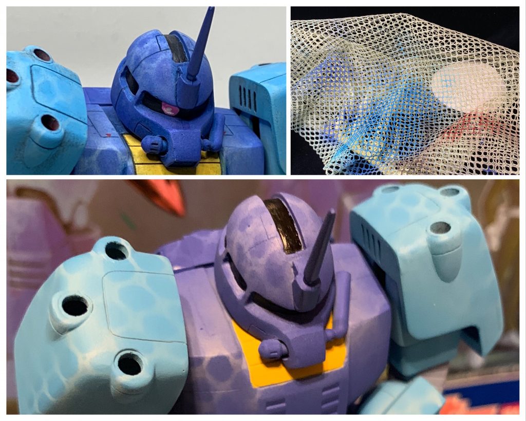 水面の反射のような感じを塗装でやってみました。
網でマスキングを思い付き、お風呂のおもちゃをしまうネットを百均で購入。
白く明るい塗装の上からネットを被せて、基本色をエアブラシ、
いい感じに出来ました。