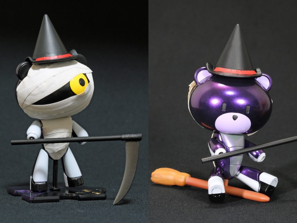 2体目。
プチッガイ・ミイラ男とプチッガイ・ウィッチが表裏一体。
ミイラ男の包帯、エプロン、パティシエ帽子のプリーツは非粘着テープを貼り付けたもの、エプロンのイラストはミラクルデカール、蝶ネクタイはグミ型で作ったUVレジンパーツです。