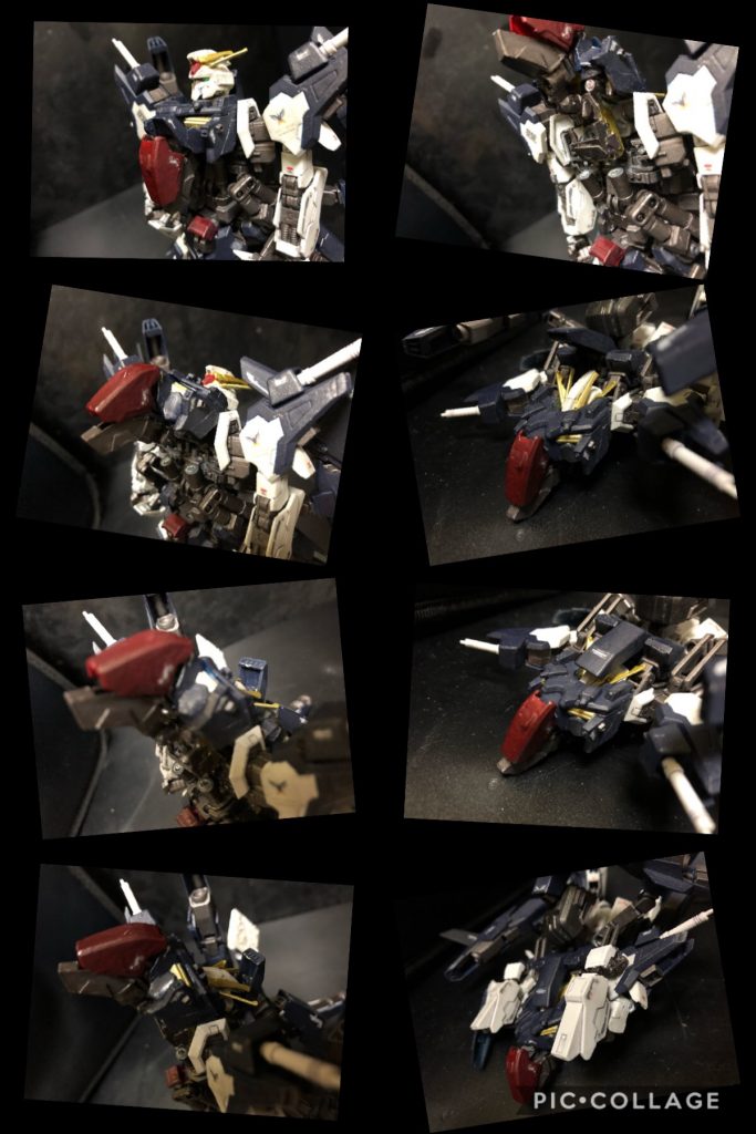 ④ ガトリングガンユニットと機体前方へ移動。支持爪を上げ固定する。その際にフライングアーマーユニットを外側へ移動しておく。
⑤ 脚を折り畳み、機体外側の定位置に移動する。
⑥ フライングアーマーユニットを機体下部の定位置へ移動する。
⑦ シールド、メガライフルを機体下部中央へ設置。
完成っ!!ウェイブライダーっ!!この間僅か0.5秒っ!!