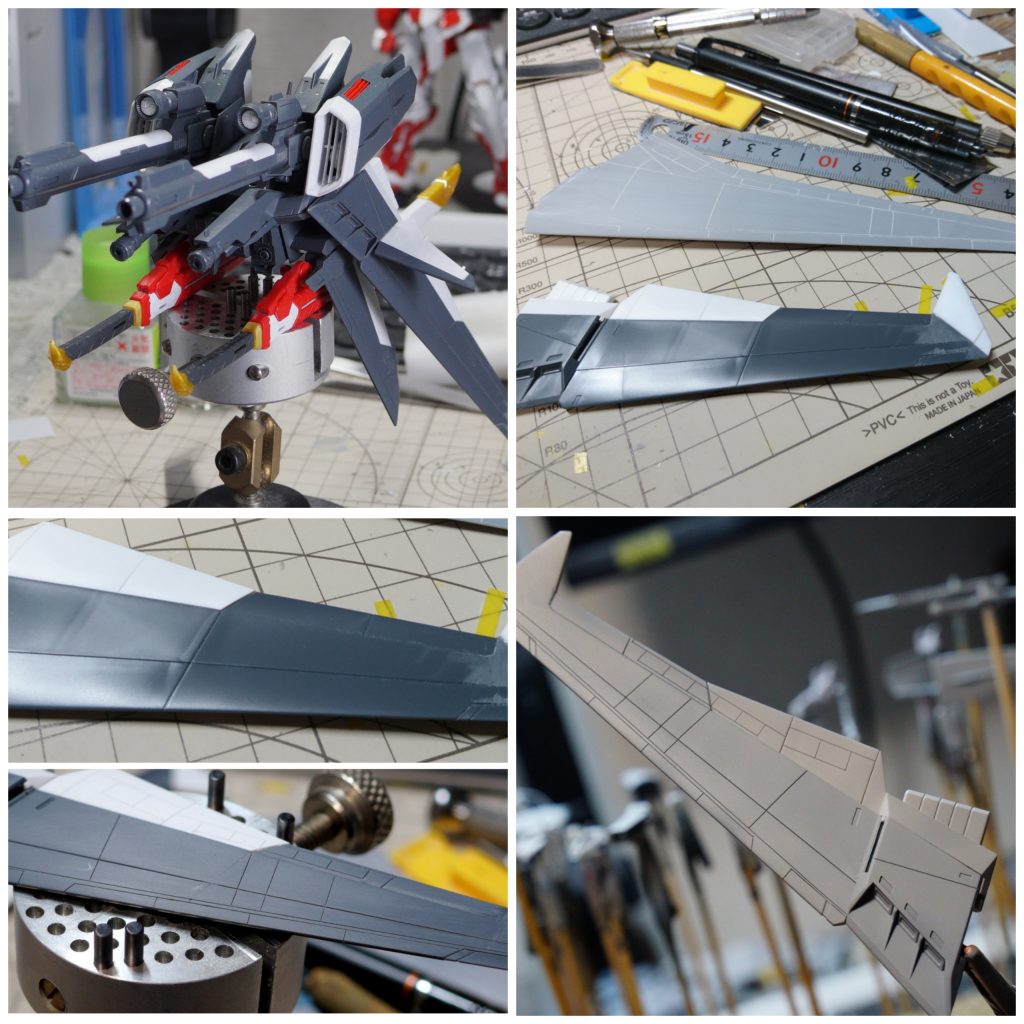 製作途中です
主翼は旅客機のパネルラインを参考にしてスジボリをしました