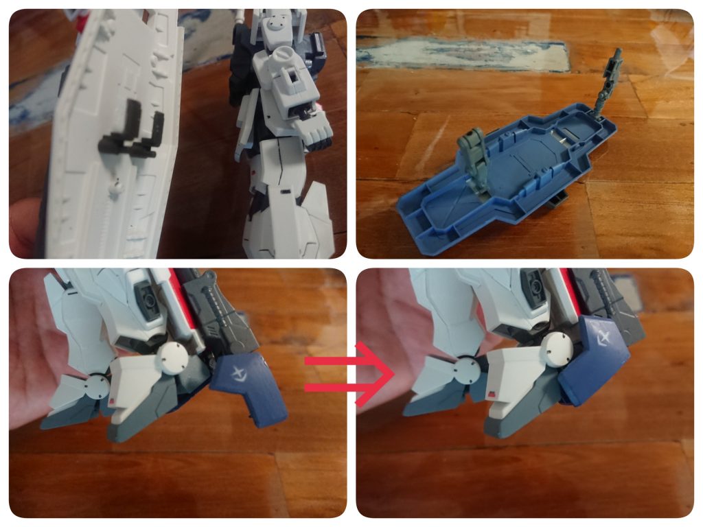 合体機構①リアアーマーにフック固定 ②足首をカバー(バーニア)で固定 ③シールドにジョイント接続