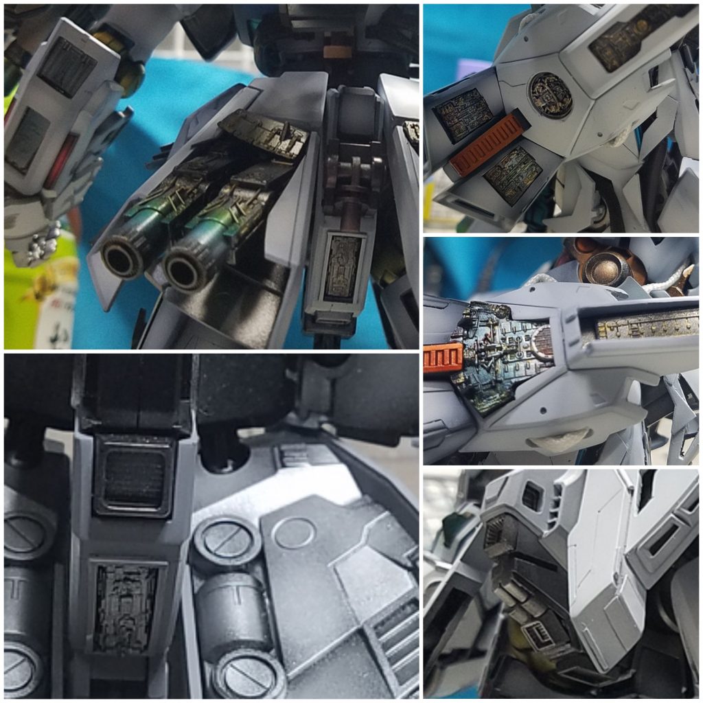 細部のディテールは
スターウォーズのキットを切り刻んで、取り付けています
リヤスカートのバーニア、腰回り、股関節部に使用してます
塗装するために後ハメ加工してます
ガンメタでMAX塗り後に
エナメルのリーフゴールドをドライブラシしました