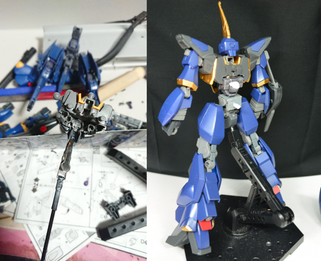 ## ④おまけ その2　AOZ版風バーザム


AOZのバーザムはプリムローズⅡをコアとしており、それに倣いバーザムの胴体をくり抜いてウーンドウォートの胴体を埋め込みました。
また、オリジナルでウーンドウォートのあまりパーツをドラムフレームを介して付けられるジョイントを腰に追加。