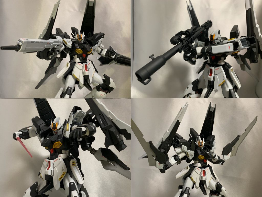 武装はハイ・ビーム・ライフル、ビームサーベル、バズーカ、実体剣がある。
実体剣はビームサーベルの柄に直結して使用する。ビームサーベルとしても使用可能で、その出力は直結前のビームサーベルより高い。しかし試作品のワンオフであり、コストが異常に掛かる武器の為か滅多に使用許可が下りない。