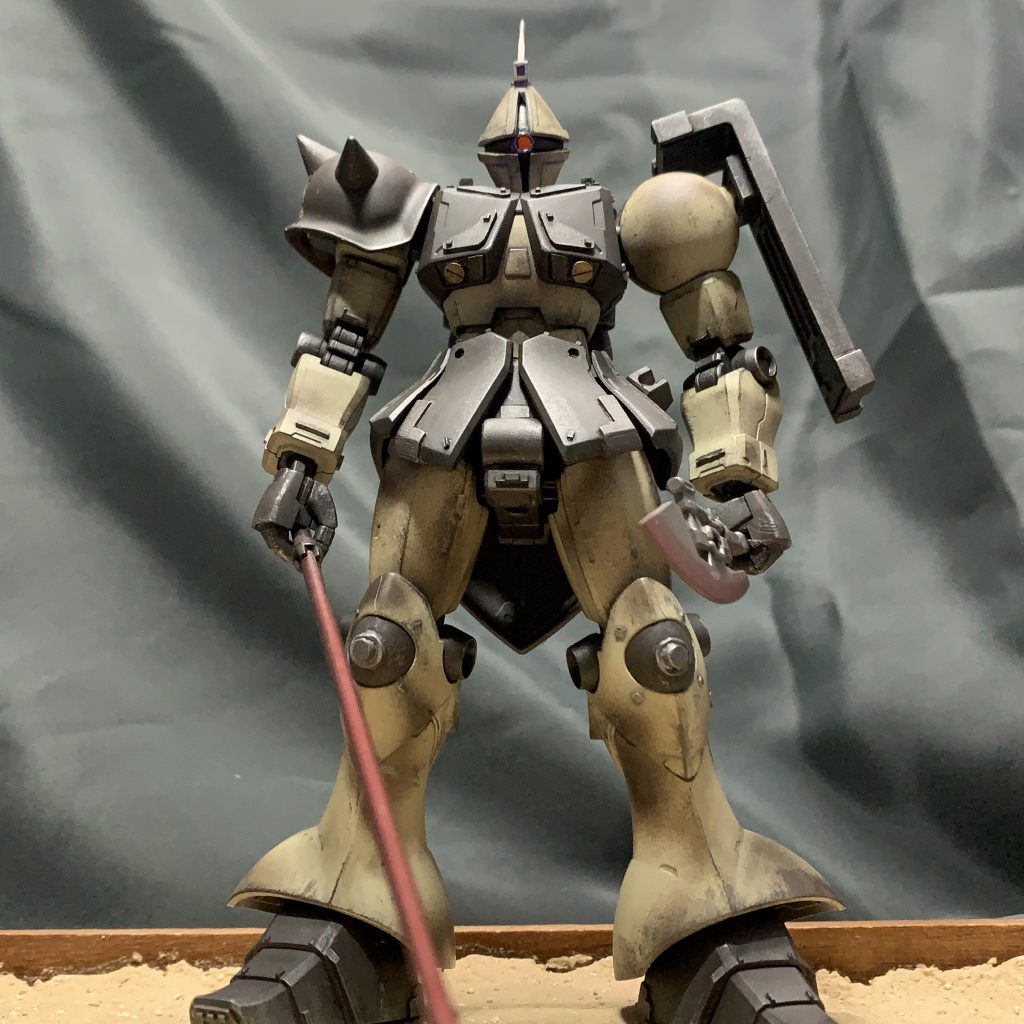 外見的な差異として、ザクⅡのショルダーシールドとスパイクアーマーを配している点が挙げられる。
これは、破損パーツの補修の際、第一次降下作戦以来のザク乗りであったパイロットの希望により差し替えられた為(※もとより予備パーツなどなく、差し替えざるを得ない事情もあった)(※通常のザクとは逆位置にされているのは趣味の様である)。
また、ギャンの特徴的な頭飾りは地上戦に対応すべく、複合センサーと通信用強化アンテナに改修されている。