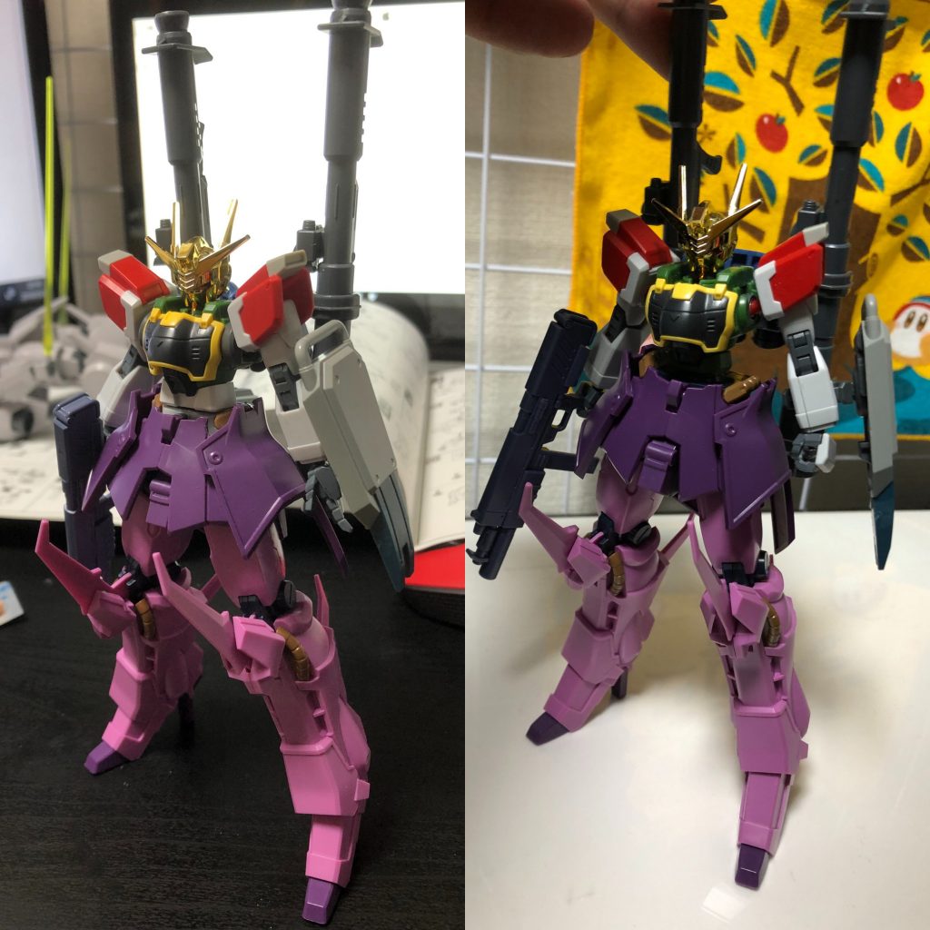 塗装前状態(左)と、素組み状態(右)
腰のラインがかなり変わっているのがわかると思います。