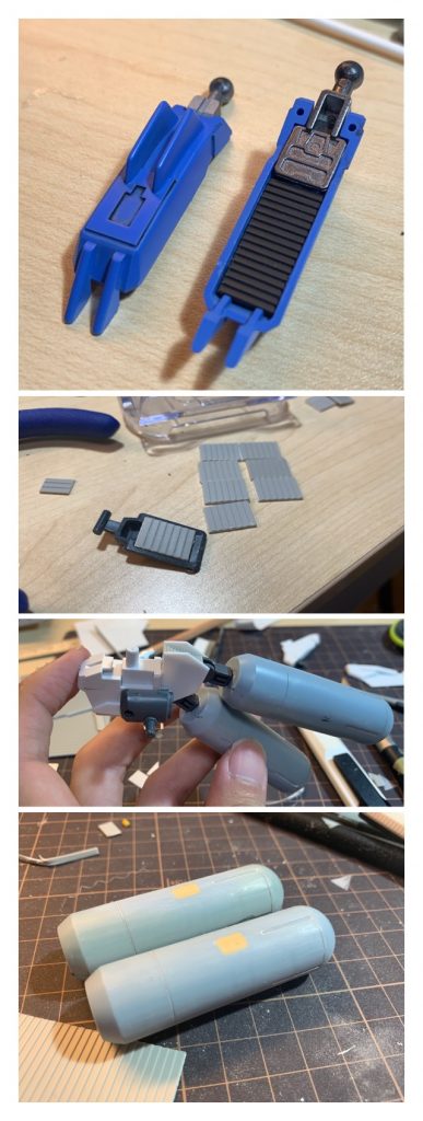 ブースターの偏向プレートと肩のアーマーの裏にはダクトっぽいモールドのプラ板を貼り付けています。
股関節はほぼ全面的に改造してます。
写真は改造途中です(これ以降は撮り忘れました(scream)(scream))
プロペラントタンクをつける部分はプラ板とジョイントで作成し、股関節はアリオスのパーツを使用しました。また、股関節の幅を広げた分、スカスカにならないようにフロントアーマー下にダクト状のパーツを追加し、その下側にもプラ板でディテールを追加しています。
プロペラントタンクは旧キットにはついていなかったので、バイアランカスタムのタンクを使いました。
製作途中の写真にはありませんが、HGUCの方のリアアーマーを左右で分断し、取り付けられるようにしました。動くようにしたのでプロペラントタンクやブースターを避けることができます。