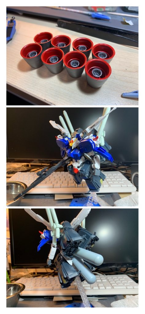 ブースターは旧キットを使用しているので、加工が大変でした。
まず上部にあった元々の股関節軸を挿す部分を埋め、見事なモナカ割りだったので合わせ目を段落ちモールド化。
バーニアはフチが今まで見たことがないくらい分厚かったので削ってそれなりに見栄えをよくし、中に小さいバーニアを付けることでそれっぽくしました。
旧キットのビームカノン(ブースターに付いてるやつ)はHGUCの物と比べてものすごく大きく、角度も付いているのでカッコいいです。
カラーリングはなんとなく淡めの色を使いました。
青塗ったあとはちょっとミスったかなと思いましたが組み立ててみると結構Sガンダムに似合ってる気がして気に入りました。
ゴチャゴチャしたMSが作りたくてやりました。
感想としては、バインダーガンに付いてるジョイントめちゃくちゃ便利です。
あとやっぱ、プラモ作り=ヤスリがけって言っても過言ではないなと思いました。
苦労しましたが、かなり思い通りにできたので嬉しいです。
以上です。
最後まで閲覧ありがとうございました!
もし、気に入って頂けましたらぜひいいね(gandam-hand2)もお願いします!