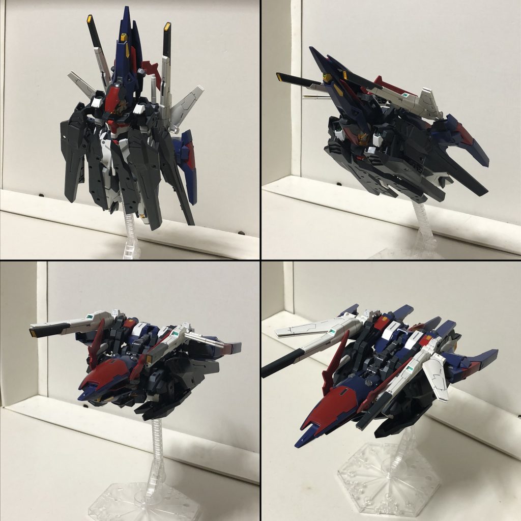 …んで、変形機構。
ざっくり説明すると、

１．ハルートとかみたいに機首を頭部に被せてカナードを立てる。
２．背面のバインダーをぐるっと回して正面に持ってくる。
３．バックパック左右にバインダーについてるピンを刺して固定。
４．中の人に合わせてバインダーを左右から押し込んで形を調整。

…みたいな感じで変形…っつーか格納する。