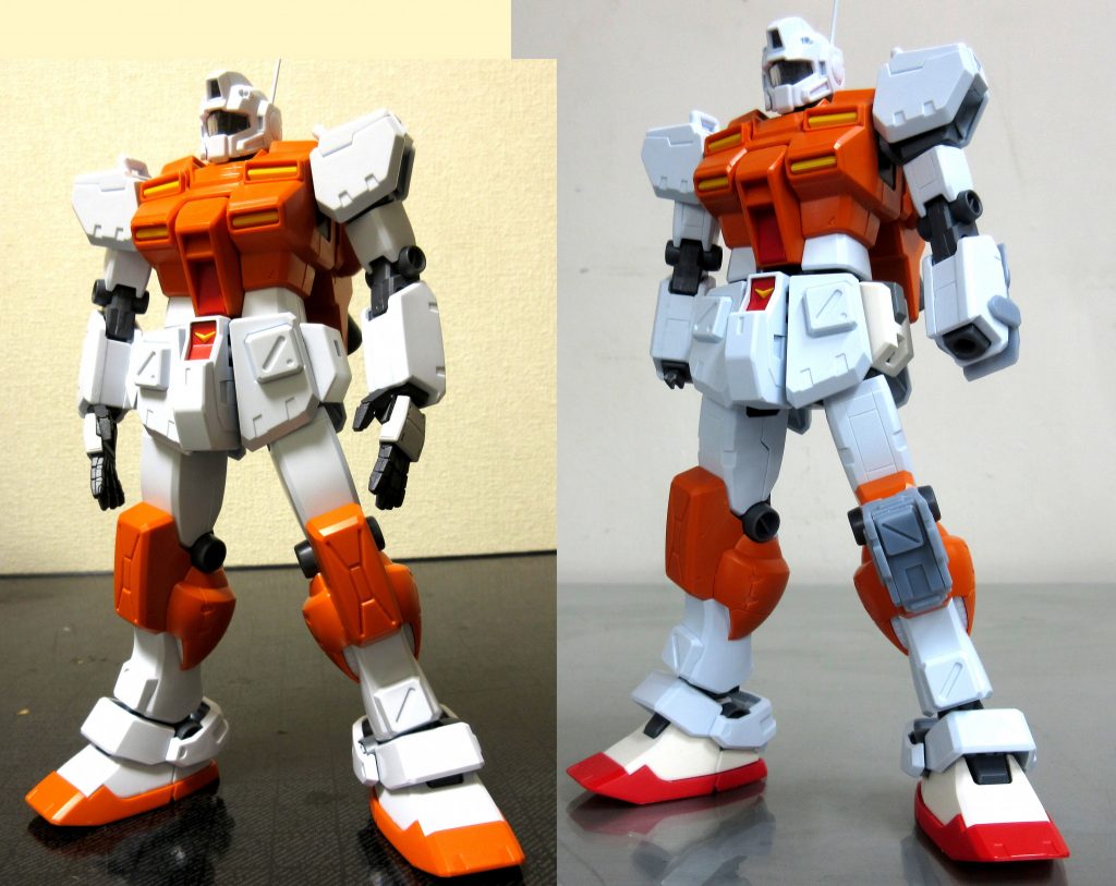 左が改修前、右が改修後
足首で7mm、胴体で4mm、首で2mmそれぞれ延長
肩の位置を上に3㎜ほどずらしています
靴はガンダムVer.Kaから