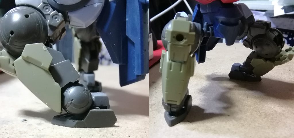 基本的にロボ足はつま先立ちが出来ないので足首自体の可動軸配置を爪先立ちのようにしてます。これで大きく足が引けるようになります