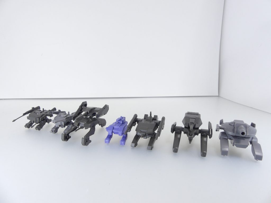 オプションセットコンプリートの特権、全ＭＷ集合。左から番号順にＣＧＳ（地上・同宇宙）・ギャラルホルン・ユニオン・鉄華団２期・地平線団・ＳＡＵのもの。それぞれの規模や運用用途がうかがえます。細かい解説は索引から各オプションセットを参照。もちろん、これを揃える手段は一部限定キットを除いてオプションセット単体のみです。【次回予告予定】上記10/12の予定が凄すぎてなんとも。