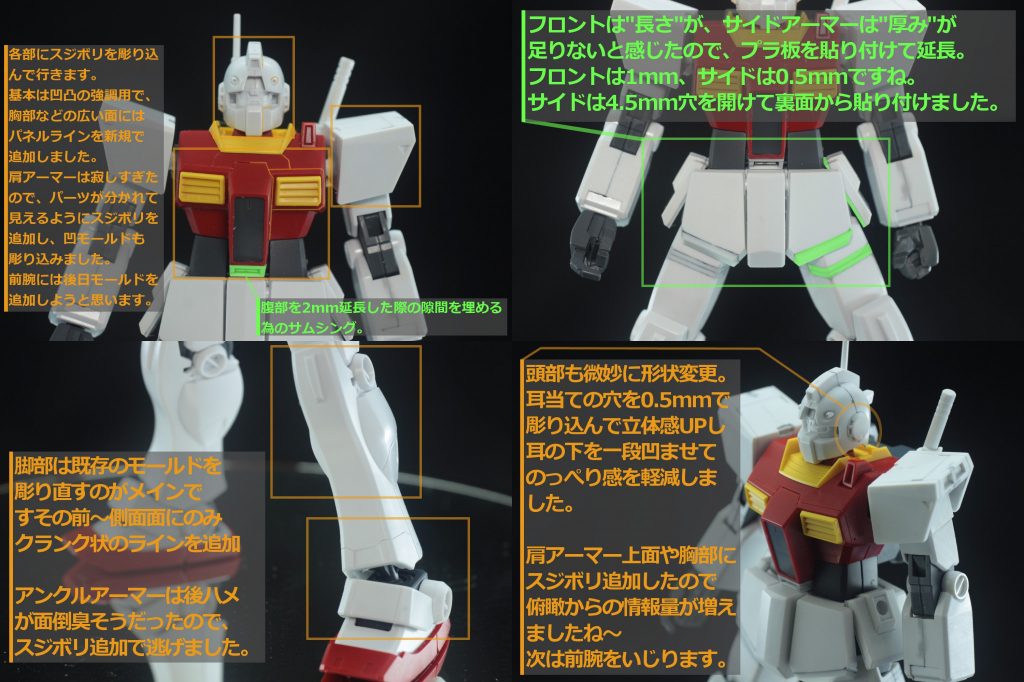 ## スジボリ等
スジボリやフロントアーマーの延長等を行いました

胸まわりのスジボリはガイドなしのフリーハンドでできるようになりました♪