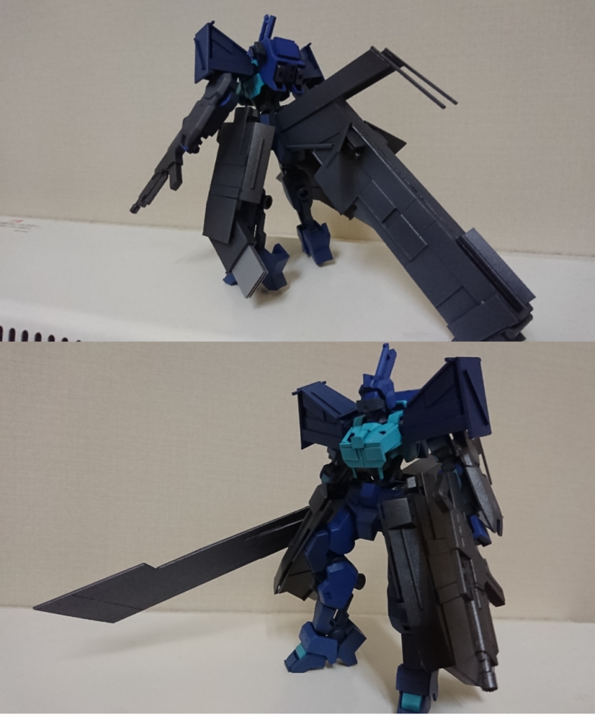 基本形態。脚周りのパーツは獅電の盾を元にしています。背部飛翔モジュールはほぼプラ板プラ棒製。