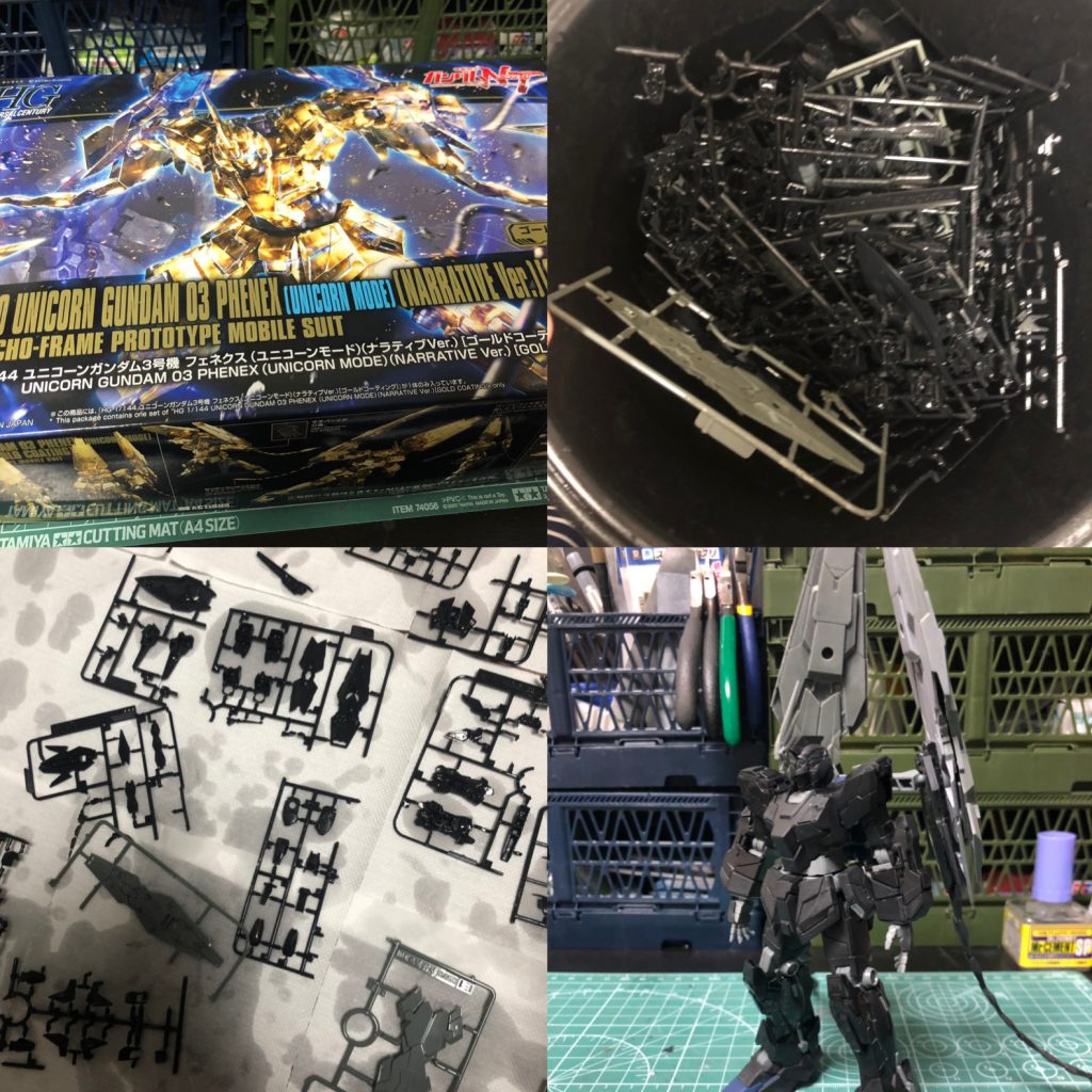 使用キットがメッキ仕様なので漢気メッキ落としから始めました。
溶剤ドボンしてハイターに漬け込みました。初めてなので加減がイマイチわからず表面がめちゃくちゃ荒れました。
仮組み。なかなかのレアショット。
彫り直しやヤスリがけキツかったです。
全て彫り直したはず。