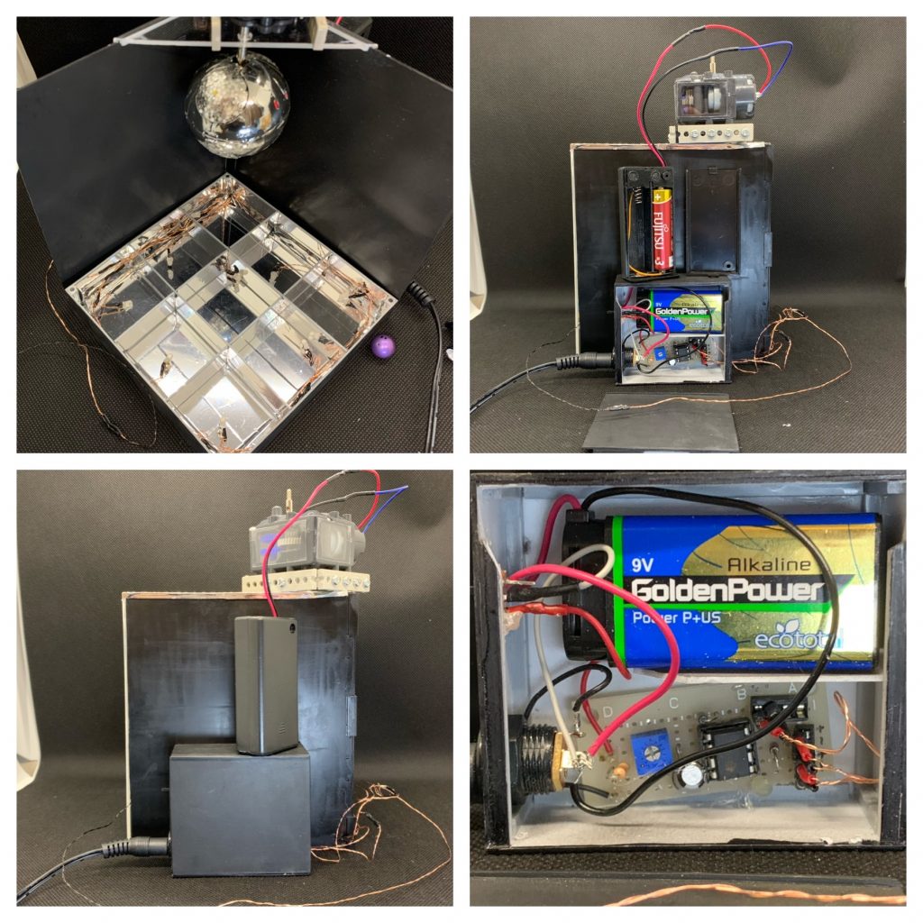 床面9個のLEDのうち、周囲8マスはタイマーICを使った交互点滅回路によって点滅します。床面中央とミラーボールを照らす二つのスポットライトは常時点灯です。
交互点滅の回路は電飾模型で有名などろぼうひげ氏の著書「[電飾しましょ！](http://www.kaiga.co.jp/products/detail.php?product_id=7234)」に掲載されているものをそのまま使用しています。電源も本に記載の方法で9V電池と12V AC電源の両対応にしてあります。

このLEDで、床面の透明プラ板の下に仕込んだ次の写真のシートを透かすことで、擬似的に多くのライトが仕込まれた床面を再現しました。