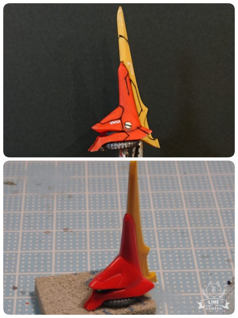 黄色部分のアンテナなどエッジの強調を行っています❗( ﾟДﾟ)ゞ

また、多少口を小さくしてシャープに削りました❗( ﾟДﾟ)ゞ

モノアイは、個人的に100均のクリスタルが一番しっくりくるので、使用しています❗( ﾟДﾟ)ゞ